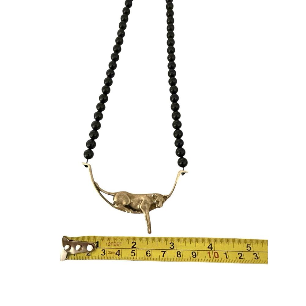 Alice Caviness Signed ‘87 Brass Lounging Panther Necklace Black Glass Beads 20” - Picture 5 of 8